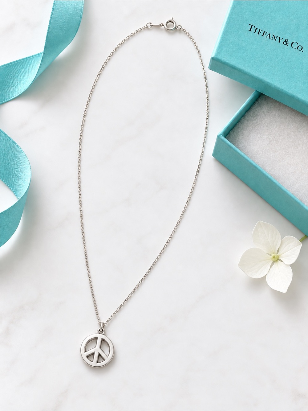 Tiffany & Co. Sterling Silver Mini Peace Sign Pendant Necklace 16” Retired